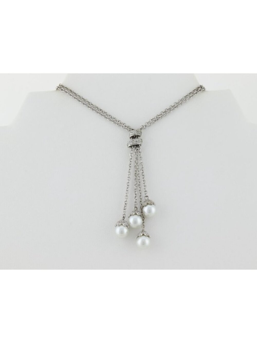 Sterling Silver Two Strand Pearl Lariat Drop Necklace 16" to 18" - Picture 5 of 8